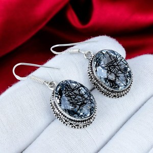 Boucles d'oreilles pendantes en quartz rutile noir, argent sterling 925, bijoux ovales faits à la main en argent pour femme, cadeau - Product Image 4