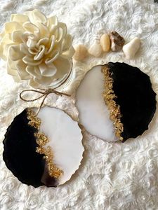 <b>Black</b> <b>Epoxy</b> <b>Resin</b> Coasters with Gold Flakes Round Shape Hand Painted Artistic Heat Resistant High Quality Home Decoration - Product Image 3