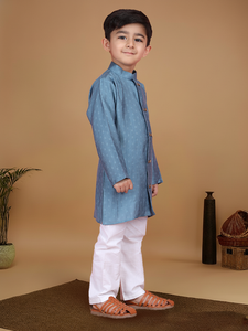 Ensemble kurta bleu pour garçons, vêtements ethniques traditionnels, tenue de fête pour enfants, kurta longue, pyjama blanc, vêtements d'été confortables pour enfants - Product Image 3
