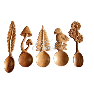 Wholesale Carved Wooden Spoon Natural Wood Kitchen Utensil with Leaf Mushroom Bird and Flower Shaped Handles Handmade Craft - Product Image 1