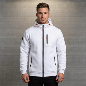 Veste polaire zippée à capuche blanche pour homme, coupe régulière, coupe-vent, vêtement d'extérieur décontracté pour l'hiver, impression numérique, coton biologique, Bangladesh - Product Image 2
