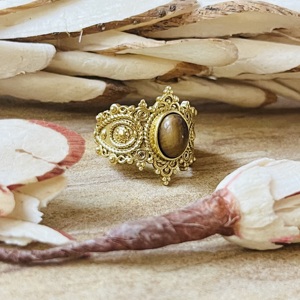 Antique Vintage Style Brass <b>Ring</b> Tiger Eye Chunky Gold Plated <b>Statement</b> <b>Ring</b> Tribal Ethnic Design Handmade Textured Wholesale - Product Image 3