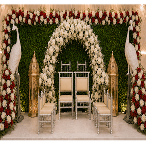 Elegant Wooden <b>Wedding</b> Mandap Chairs With Floral Arch And Moroccan Lamps Elegant Sankheda Vedi Chair Set for Hindu <b>Weddings</b> - Product Image 1