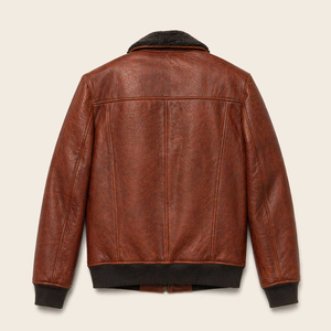 Herren Vintage Braune PU-Leder Bomberjacke Abnehmbarer Kunstfellkragen Reißverschluss Gerippte Manschetten Oberbekleidung Qualität Großhandel - Product Image 3
