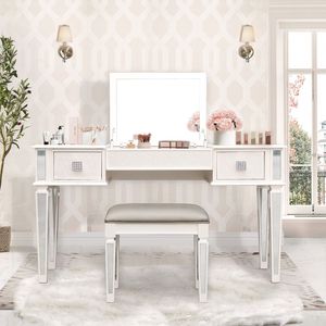 Mirrored Bedroom Makeup Vanities Set with Drawers <b>and</b> <b>Mirror</b> Stool Flip <b>Dressing</b> <b>Table</b> - Product Image 1