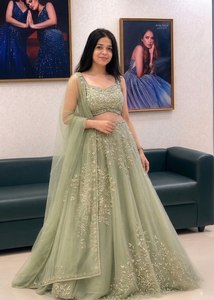 Green Embroidered Lehenga Set <b>Net</b> Unstitched Indian Wedding Outfit Two Piece Dress With <b>Dupatta</b> - Product Image 4