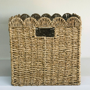 Natural Seagrass <b>Rectangle</b> Square Scallop <b>Storage</b> <b>Basket</b> with Handle Rustic Multi Purpose Organizer - Product Image 4