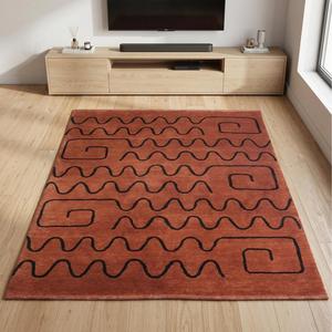 Tapis d'intérieur unique en laine nouée à la main, marron terre cuite, motif abstrait à lignes ondulées, tapis décoratif moderne fait main pour salon - Product Image 4
