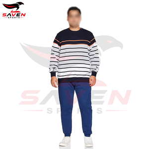 เสื้อสเวตเชิ้ตผู้ชายลายทางสีกรมท่าขาว แต่งแถบสีส้ม คอวี แขนยาว อุ่นสบาย สไตล์ลำลอง สตรีทแวร์ จากผู้ผลิตตามสั่ง - Product Image 2