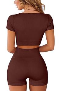Conjunto Deportivo de 2 Piezas para Mujer, Top Corto de Manga Corta y Pantalones Cortos de Cintura Alta, Ajustados y Elásticos, para Gimnasio, Fitness y Yoga - Product Image 2