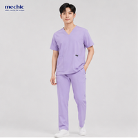 Ensemble de gommage anti-rides pour hommes, violet clair, col en V, manches courtes, uniforme d'hôpital, tissu tissé en coton et polyester