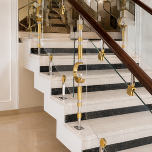 Gold Glass Stair <b>Railing</b> With Crystal Posts Wooden Handrail Luxury Modern Indoor Balustrade Design - Product Image 3