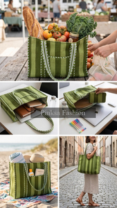Bolso Tote Abierto Acolchado con Rayas Verdes PinksaFashion, Gran Capacidad, para Laptop, Compras de Verano - Product Image 4