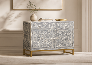 Light Gray Solid Wood Bone Inlay Dining Sideboard <b>Buffet</b> <b>Cabinet</b> 2 Drawers 4 Door Living Room Console Storage Furniture - Product Image 2