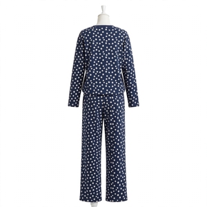 Conjunto de 2 Piezas para Mujer: Top de Manga Larga con Cuello en V y Estampado Floral Azul Marino y Pantalones de Punto hasta el Tobillo, Cintura Elástica, Corte Holgado, Poliéster - Product Image 3