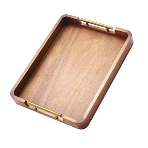 Wooden Rectangle <b>Storage</b> <b>Tray</b> With Gold Handles Minimalist Design For Table Use Easy To Clean Varnished Finish Single Tier - Product Image 1