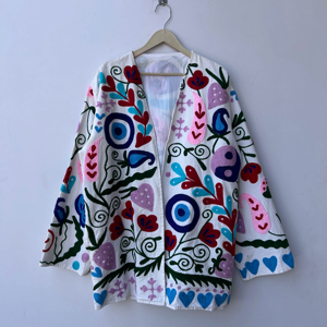 Traditional Handmade Suzani Embroidered Short Kimono Jacket Statement Jacket Coat - Product Image 1
