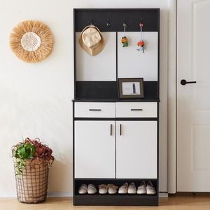 Armadio Bianco e Nero per Ingresso e Camera da Letto con Asta Appendiabiti, Scarpiera, Cassetti e Ripiani, Maniglie e Porta Scarpe - Product Image 1
