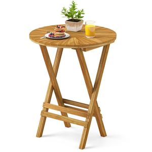 Patio Folding Teak Wood Round End <b>Table</b> with Slatted Tabletop and X-Shaped Frame for Outdoor Use - Product Image 1