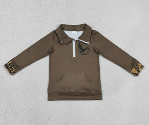 Chemise décontractée marron Longlv à fermeture éclair sur le devant avec logo canard et poignets camouflage pour enfants, en Spandex/Polyester, coupe ample, style chinois - Product Image 5