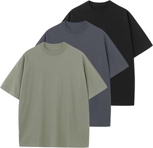 T-shirt décontracté pour homme 100 % coton, coupe oversize, manches courtes, col rond, couleur unie, anti-boulochage, 220 g, vert, gris, noir - Product Image 1