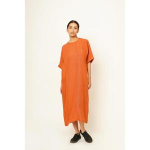 Robe tunique maxi en coton de haute qualité, col en V, manches courtes, couleur unie, respirante, avec poches, taille naturelle, style simple, toutes saisons - Product Image 6