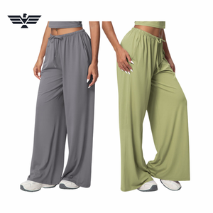 Pantalon large taille mi-haute pour femme, en coton tricoté beige uni, coupe ample, coupe-vent, avec cordon de serrage, longueur intégrale, décontracté, streetwear d'été - Product Image 4