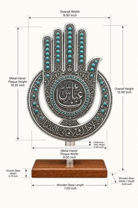 Sculpture artisanale en argent de la main de Hamsa avec incrustation de turquoise, pièce d'art décorative religieuse pour présentation sur table - Product Image 3