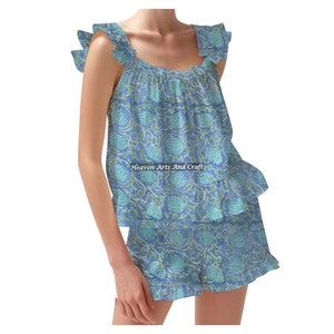 Indian Handmade Vintage Block Printed Cotton Shorts Pajama Set Spring/Summer Floral Fitted Strappy Ruffle <b>Trim</b> Sleeves PJ Set - Product Image 1