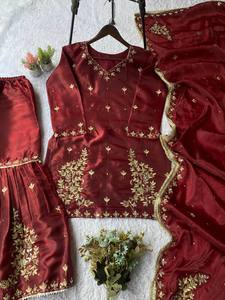 TOP SHARARA DUPATTA FANDY SILK REAL MIRROR SEQUNCE EMBROIDERY WORK LONG SLEEVE SUIT - Product Image 5