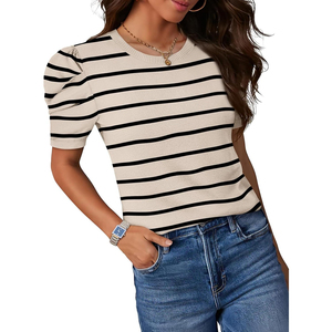 Women's Striped Puff Short Sleeve Viscose Knit Top <b>Crewneck</b> Casual Autumn Breathable <b>Sweater</b> Soft Lightweight Pullover - Product Image 2