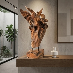 Sungu Stand Handcrafted <b>Wooden</b> Horn Root Sculpture <b>Rustic</b> Artistic Tabletop Decorative Artwork Metal Stand Home Decor Accent - Product Image 2