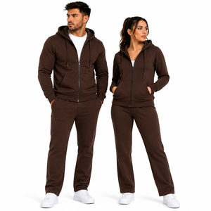 Sudadera con capucha unisex marrón personalizada con cremallera completa, conjunto de chándal de algodón y forro polar, ropa informal para estar en casa, conjunto deportivo, producción a granel, servicio de exportación - Product Image 1