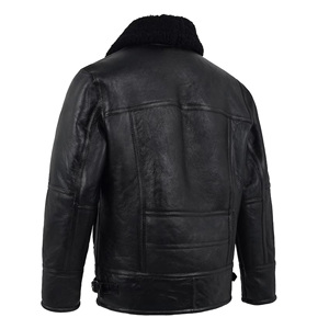 Veste en cuir noir pour homme avec col en fourrure noire, manteau d'hiver en peau de mouton véritable, doublure en polaire chaude, veste de motard - Product Image 4