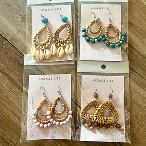 TUYET DUNG Boho Rattan Drop <b>Earrings</b> Natural Fiber Handmade Classic Folk Art Wedding Made in Vietnam - Product Image 3