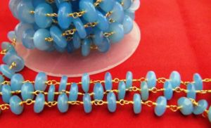 Natural Aqua Blue Chalcedony Smooth German Cut Rondelle Wire Wrapped Beaded <b>Rosary</b> Chain - Product Image 4