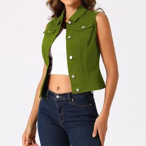 Women's <b>Green</b> Denim Vest O-Neck Single Breasted Button Closure Casual Outerwear Regular Length Solid Color Vintage <b>Lace</b> - Product Image 3