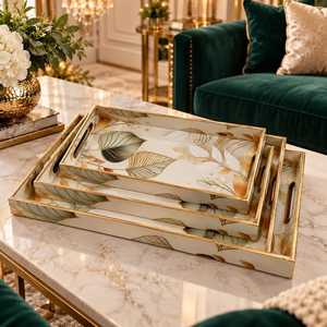 Juego de 3 bandejas de almacenamiento rectangulares modernas de lujo de MDF con diseño de hoja de oro, acabado pulido, aptas para lavavajillas y apilables - Product Image 3
