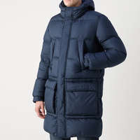Veste d'hiver pour homme, longue, à capuche, rembourrée en coton, coupe-vent, col montant épais, fermeture éclair, motif camouflage, bleu marine sur le devant