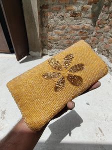 Hoorain Gem Handmade Beaded <b>Clutch</b> Rectangular Shape Flower Pattern <b>Gold</b> Color Party Use Luxury Feel - Product Image 6