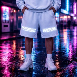 กางเกงขาสั้นผ้าฟลีซสีขาวสำหรับผู้ชาย สกรีนโลโก้ได้ สายรัดเอวแบบปรับได้ สไตล์ลำลอง สตรีทแวร์ กางเกงขาสั้นสำหรับฤดูร้อน - Product Image 4