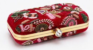 Elegant Red Velvet Clutch With Beaded Floral Embroidery Lock Closure Women's Evening Wedding Handbag - Product Image 5