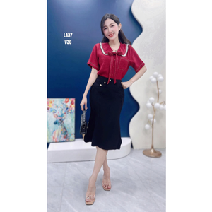 Camisa de Mezclilla de Manga Corta para Mujer, Estilo Sostenible, con Cuello Marinero en Capas y Lazo, Blusa Informal para Oficina, Color Sólido, ODM - Product Image 1