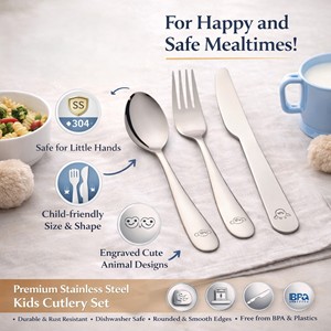 Juego de Cubiertos para Niños de Acero Inoxidable, Libre de BPA, Cuchara, Tenedor y Cuchillo |   Vajilla Duradera, Ecológica y Resistente a la Oxidación |   Plata - Product Image 4