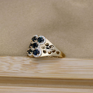 Bague en or jaune 14 carats avec saphir bleu naturel et grappe de diamants pour femme |   Bijoux fins de coupe ovale, vente en gros, OEM, ODM - Product Image 4