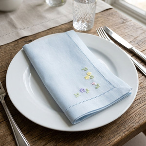 Custom Classic Square <b>Cloth</b> Napkins Embroidered Flowers Durable Reusable Machine Washable Hemstitch Blue <b>Linen</b> Home Airplane Use - Product Image 3