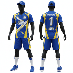 Tenue de netball pour hommes en tissu interlock polyester respirant 170 GSM, avec empiècements contrastants bleu-jaune, ensemble personnalisé par sublimation - Product Image 1