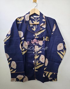 Conjunto de Pijama de Algodón Estampado a Mano con Flores Azules Marinos para Mujer, Transpirable, de Secado Rápido, Elegante, de Manga Larga, para Verano, Otoño y Primavera - Product Image 5