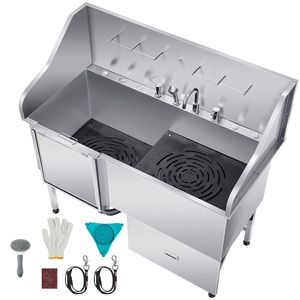 Vasca per toelettatura cani in acciaio inossidabile da 61 pollici con rampa antiscivolo, cassetto portaoggetti e rubinetto acqua calda/fredda - per esterni - Product Image 1