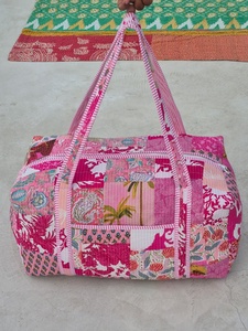 Handmade Floral Print Duffel <b>Bag</b> Blue Pink Cotton Quilted Weekender Travel <b>Bag</b> Large Capacity Zipper Closure - Product Image 6